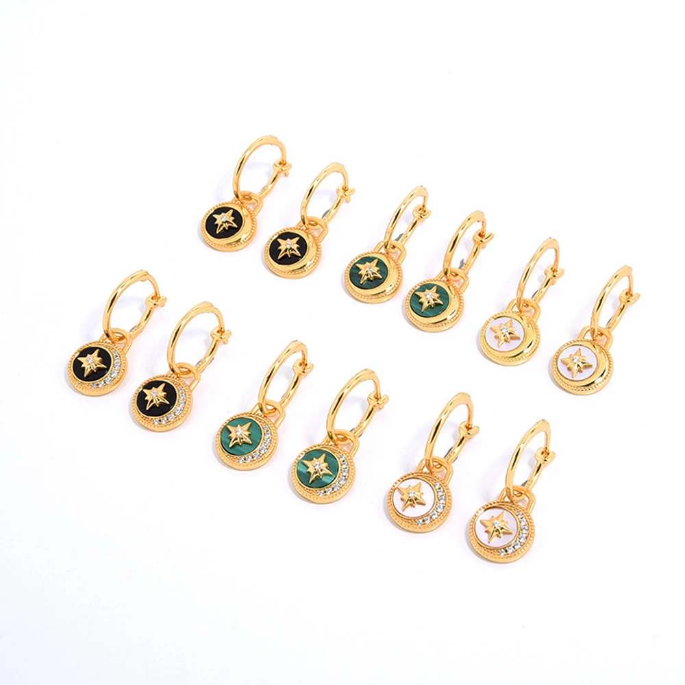925 Sterling Silver 18K Gold Plated Fashion Jewelry Black Onyx Stone Green Malachite White Shell Gemstone Moon Star Earrings