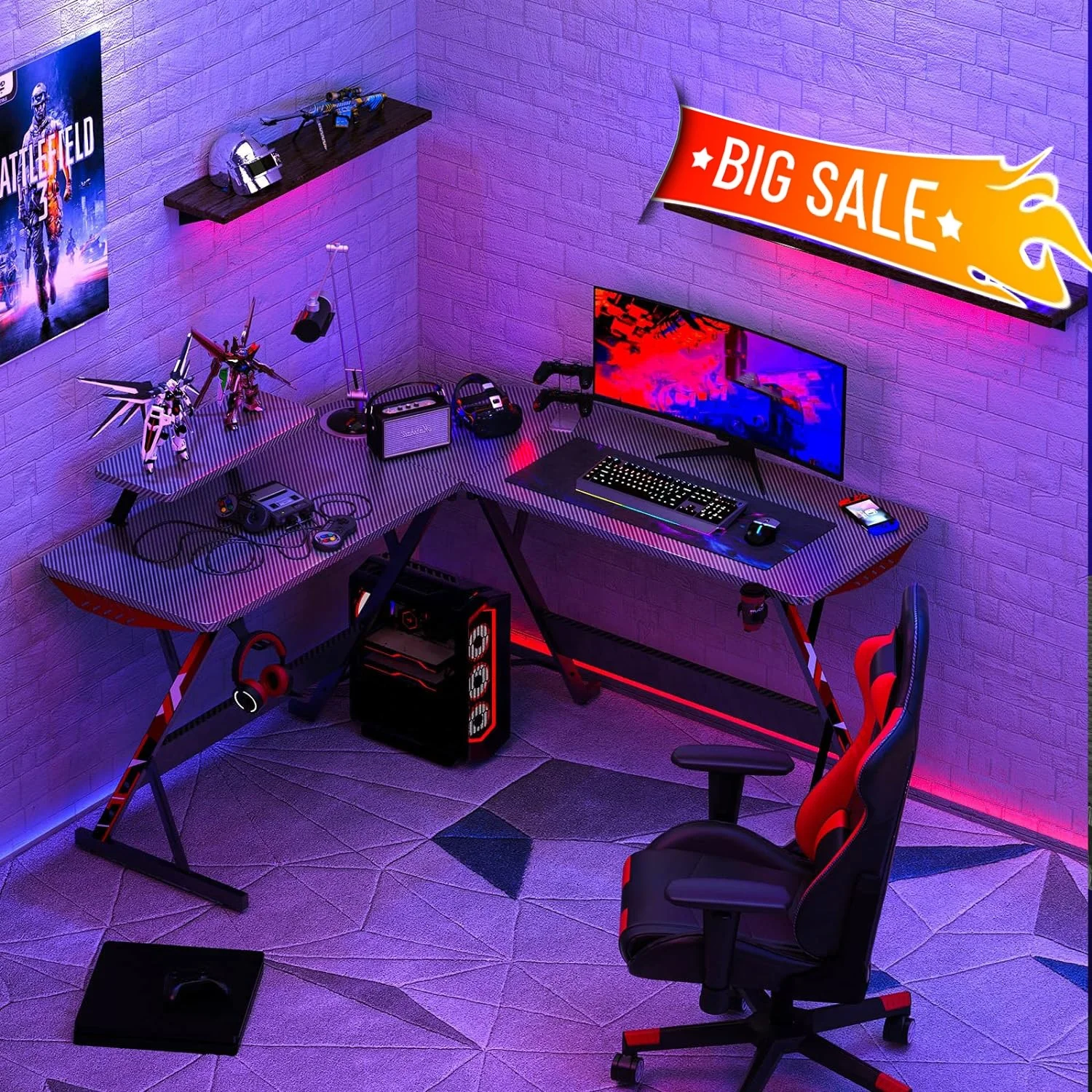 L Shaped Gaming Desk Gaming Computer Desk L Shape with Carbon Fiber Surface Gamer Desk Gaming Table with Monitor Shelf