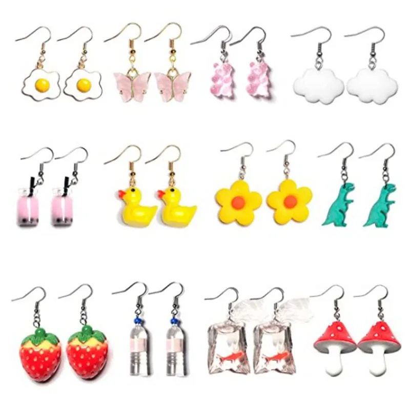2021 Hot Sale Weird Funny Gummy Bear Earrings Set Dinosaur Mushroom Butterfly Strawberry Resin Pendant Earrings for Women