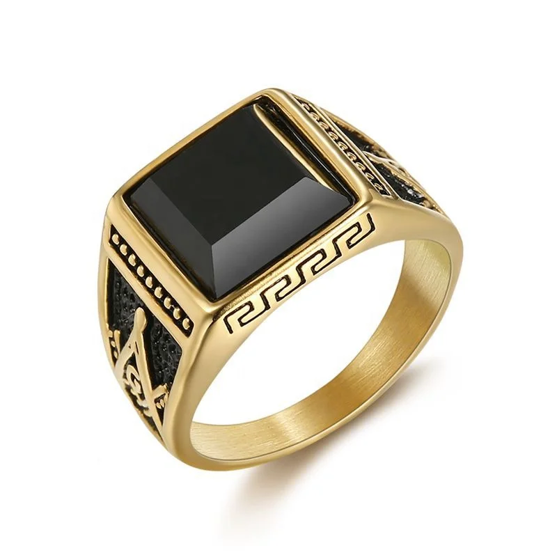 Classic vintage black stone ring titanium steel gold-plated black agate Masonic AG mens stainless steel rings