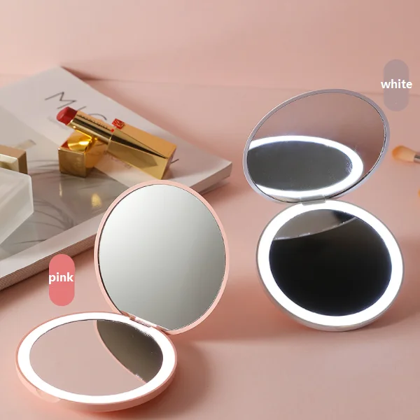 Aluminum folding mirror pocket portable small white pink makeup mirror with led lights usb