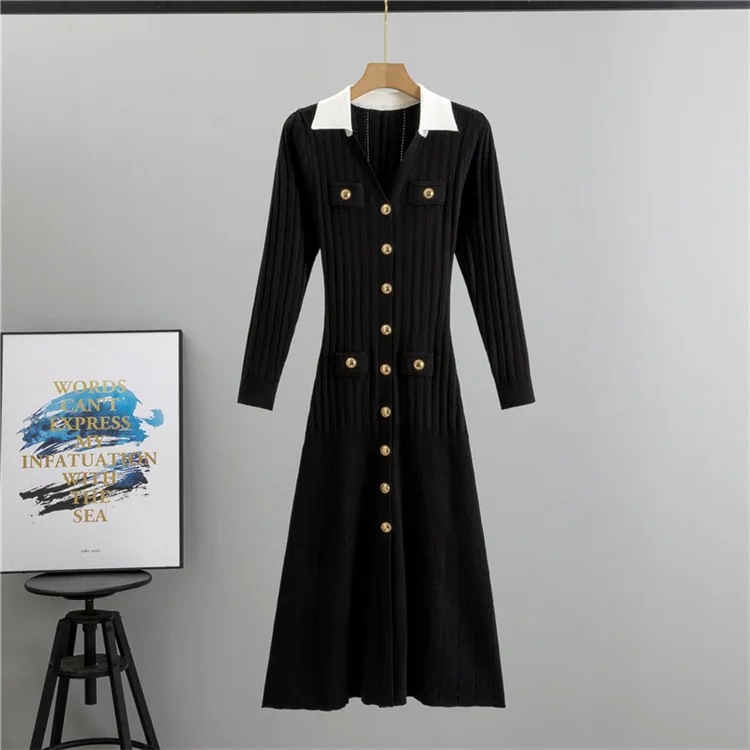 LE4583 Autumn Special Design V-Neck Knit Dress With Core Yarn Slimming A-Line Midi Knitted Dress