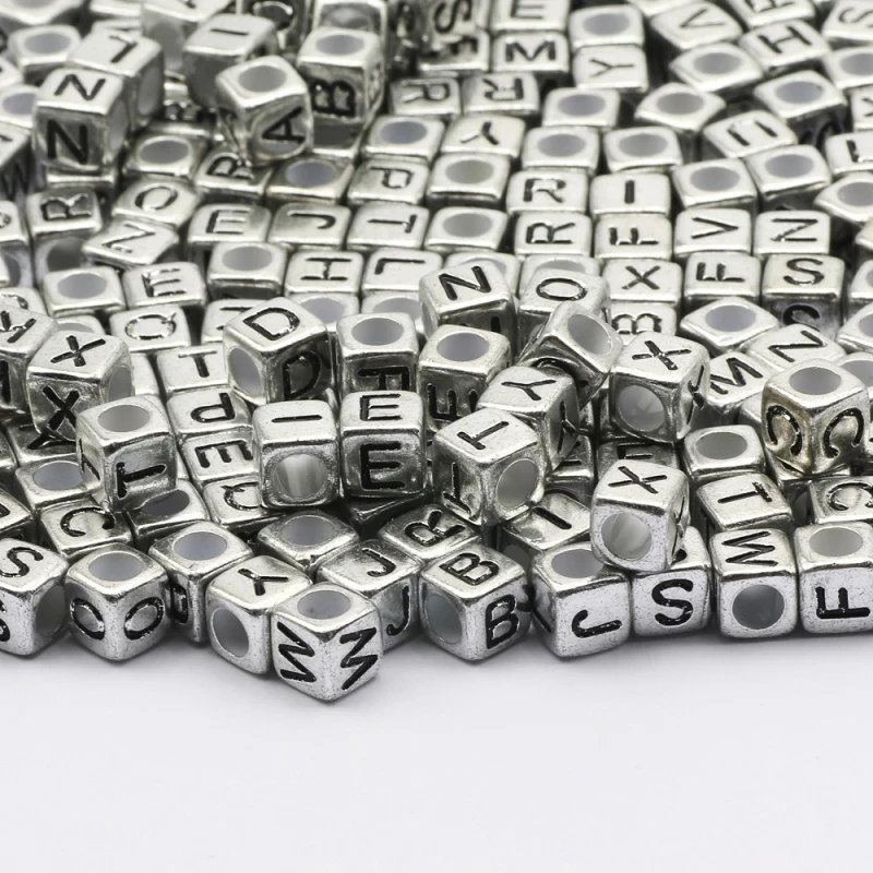 6mm Gold Silver Acrylic Plastic Beads for Jewelry Making Bracelets Square Cube Alphabet Letter