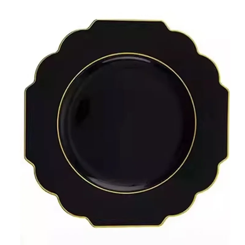 Retro Commercial Black Irregular Edge Gold Stamping Disposable Plastic Plate Tableware For Hotels Restaurants Party
