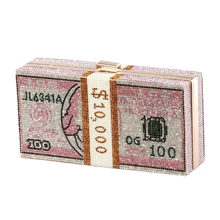 2021 fashion  Money Hand Bags USD Duffel Dollar Bags Bling Glitter Gold Chain Box Diamond Evening Purses