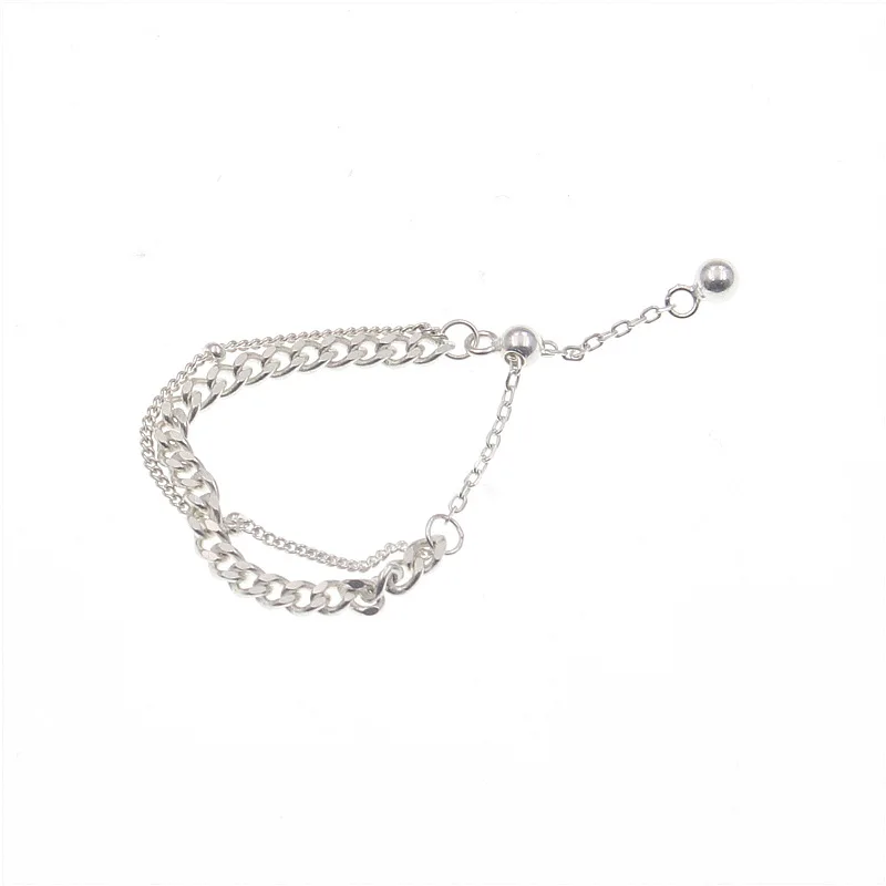 Fj S925silver Sparkling Double Layer Chain Ring Simple Twin Ring Bracelet