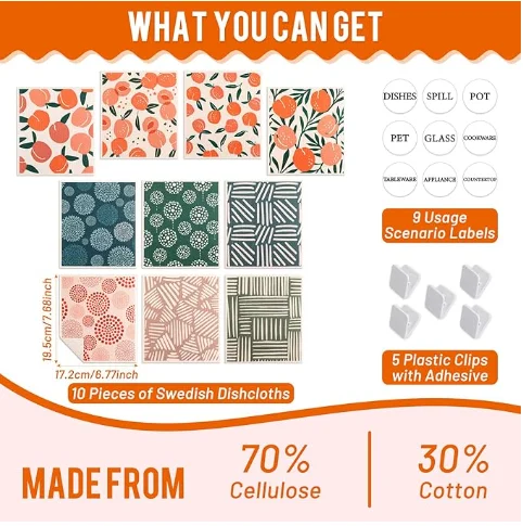 Swedish Dishcloths with Hanging Clips Reusable Swedish Dish Towels Cellulose Cleaning Cloths Washable Dish Wipes for Kitchen