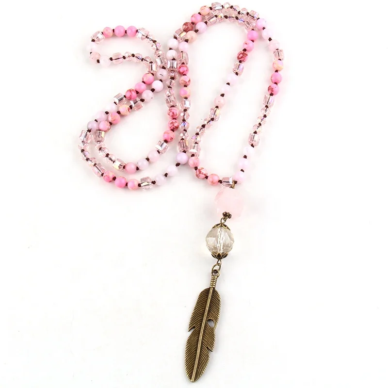 6mm Crystal Glass Natural Gemstone Beads Pic jasper Amazonite Leaf Pendant Necklace