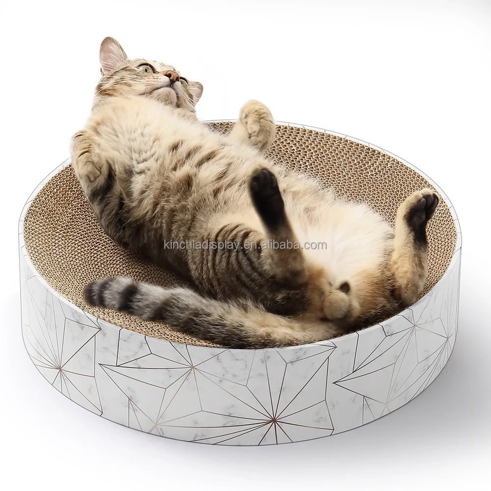 New Interactive Pet Products Cat-Shaped Corrugated Paper Scratcher and Round Lounge/Bed for Play and Scratching