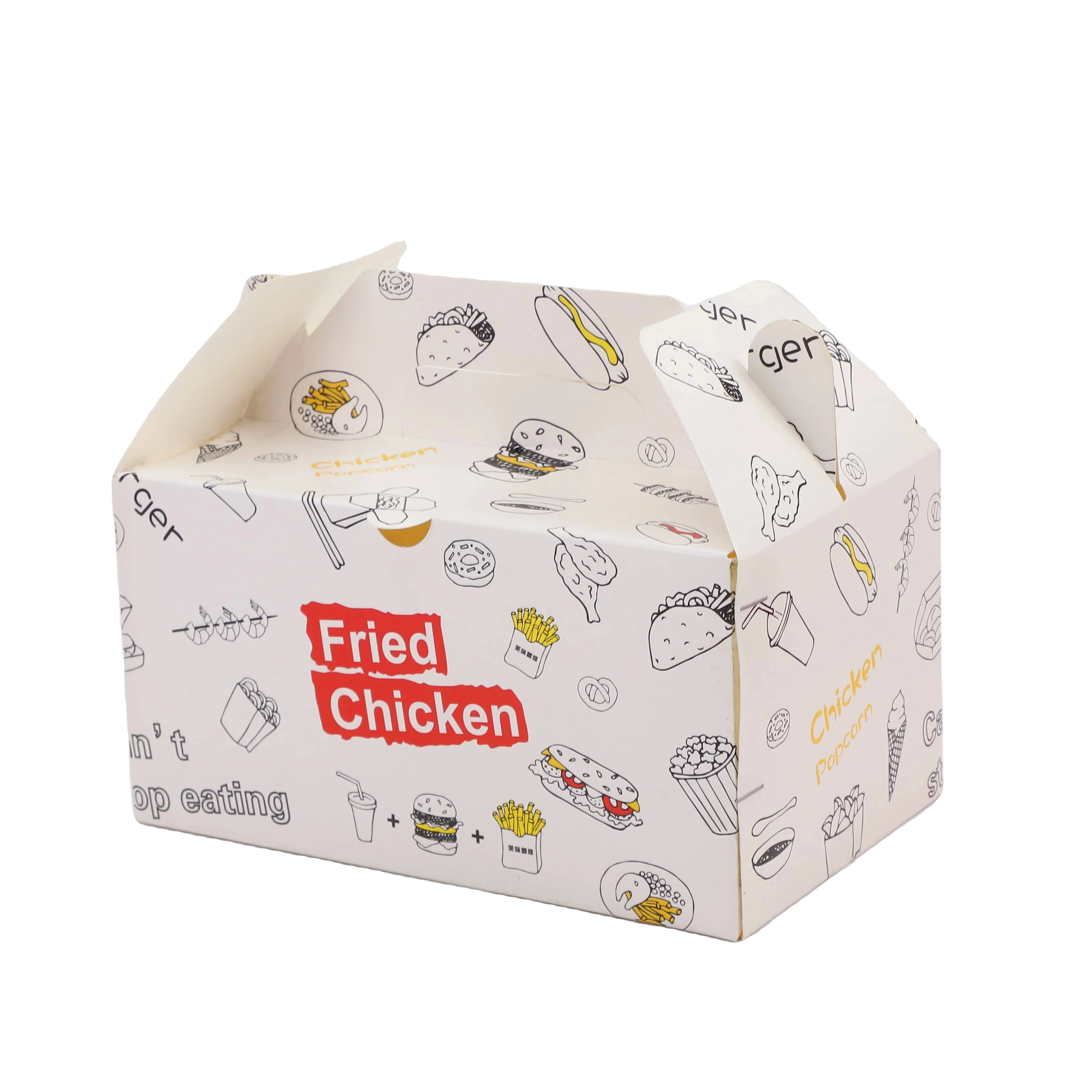Reusable White Cardboard or Kraft Food Packing Carton Box with Handle AL baik Fried Chicken Disposable Rectangle Carry out box