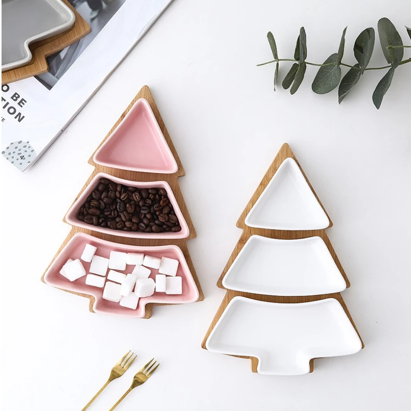 Hot selling 2023 Nordic Christmas tree shape dessert plate snack plate ceramic plate with bamboo tray