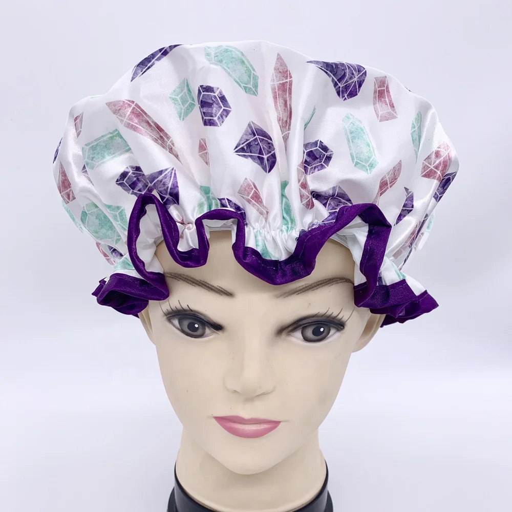 2019 new arrive polyester   double layer satin fabric diamond  shower caps customizable