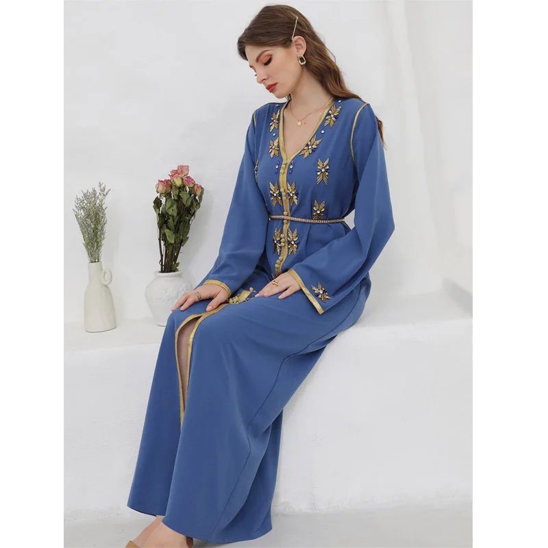 SIPO Cardigan Habaya Muslim Islamic Clothing Casual Dresses Party dresses Dubai Arabe V-Neck Slim Beadings Flower Pattern Burkha