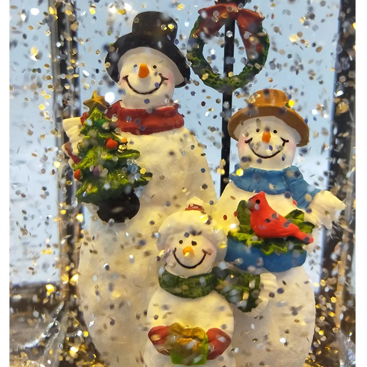Resin Square Shape Glitter Water Spinning Lantern Christmas Snow Globe Led Snowman Family Scene Glitter Lantern with Moving Snow