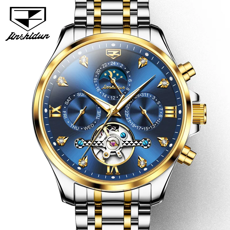 JSDUN 8932 Auto Date Mechanical Watch For Men Stainless Steel Hollow Skeleton Wristwatch Waterproof Luminous Luxury Man Watches