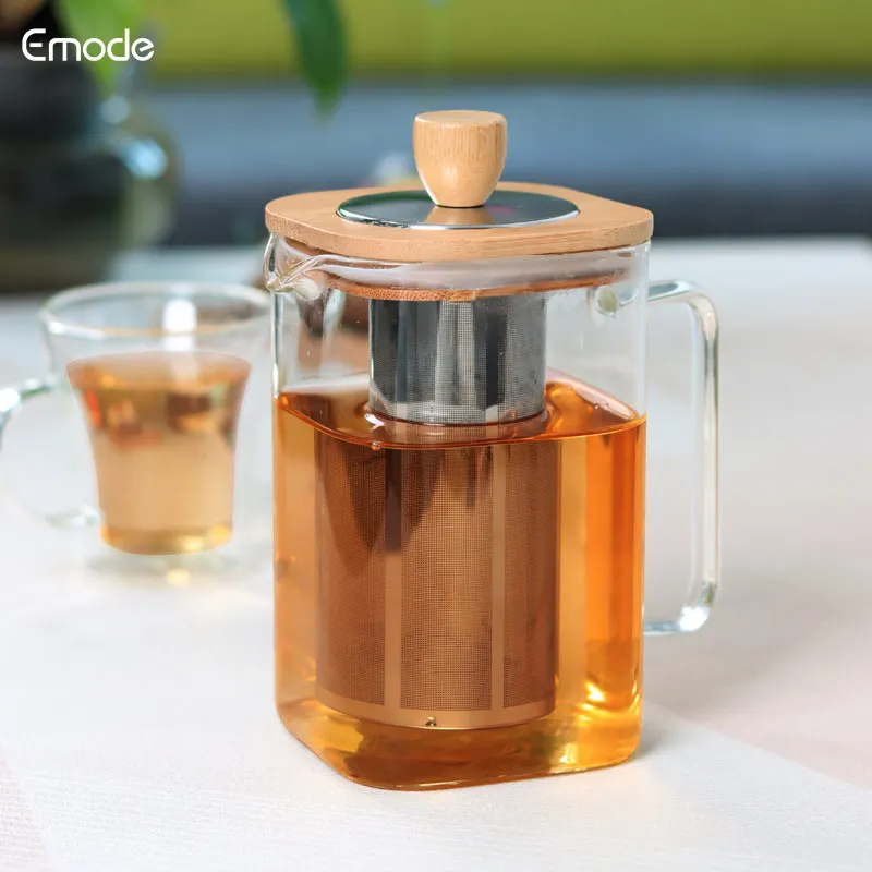 2024 New Novelty Square Tea Pot Glass 1000ml.High Heat Resistant Glass Teapot With Spring Filter, Ss Infuser And Bamboo Lid