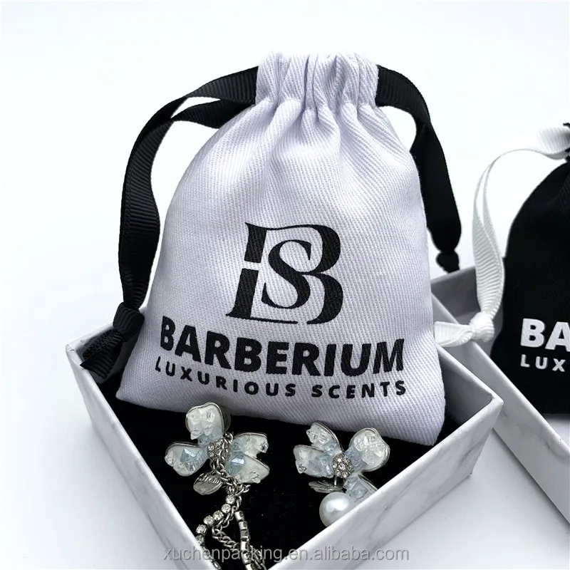 Custom 3*4 Small Cotton Jewelry Packaging Bag for Earring Twill Cotton Jewelry Pouches With Grosgrain Ribbon