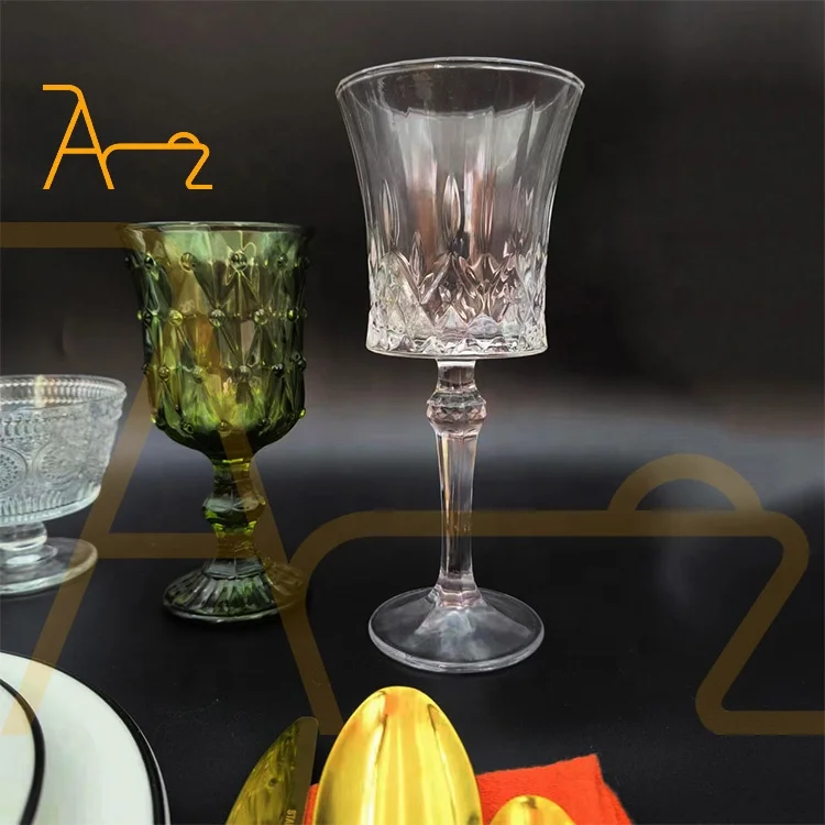 Customized Embossed Design Long Stem Clear Glass Goblet Restaurant Wedding Party Glassware Crystal Wine Glass