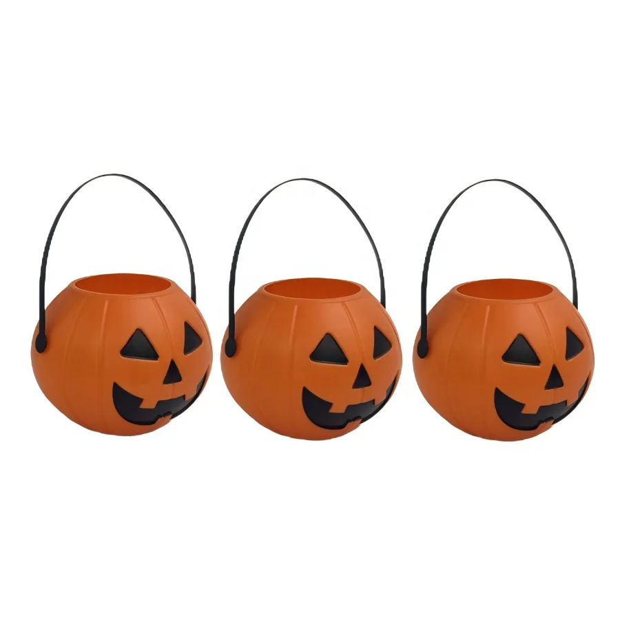 Hot-selling Orange Novelty Pumpkin Pail Smiley Face Plastic  Pail Candy Buckets with Handle for Halloween Party Decorations