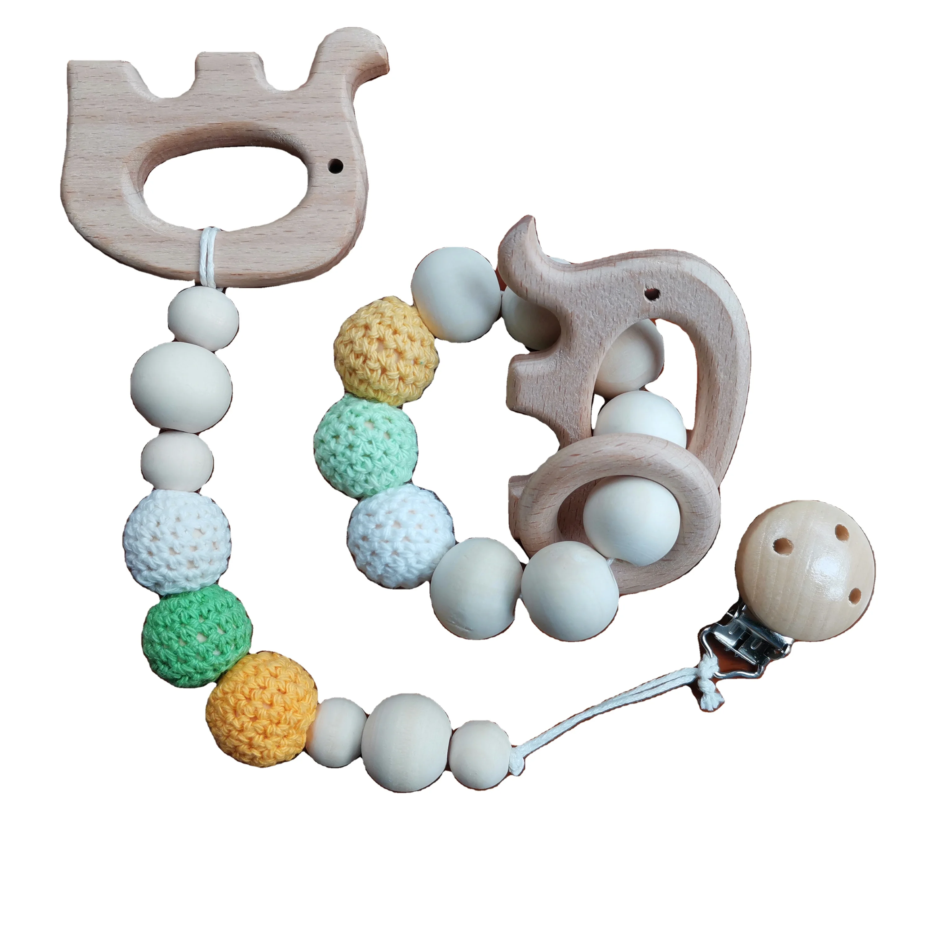 3 Pcs Set Cute Animal Elephant Crochet Rattle Wood Dummy Clip Pacifier Chain Silicone Baby Wooden Teether Gift Box Toy
