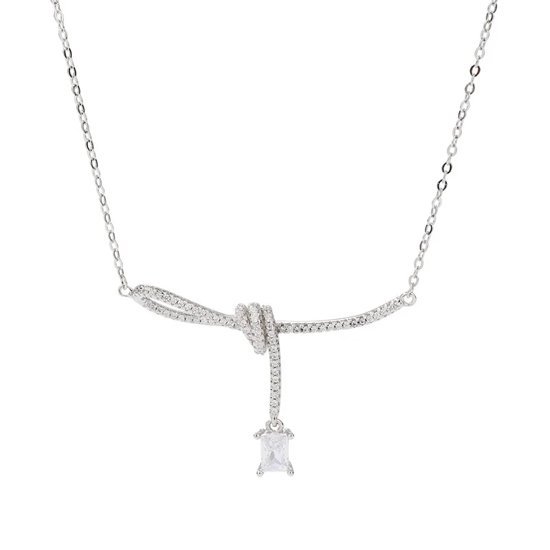 Fashion Ribbon Bow Pendant Necklace Trendy Simple S925 Sterling Silver Zircon Chain Women Necklace Jewelry Gift