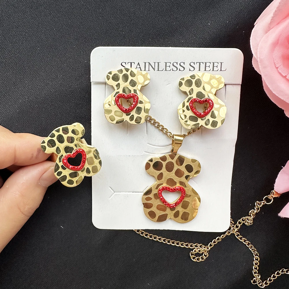 Women Cute Jewellery Set In Stainless Steel Lovely Bear Girl Necklace Pendant 18K Gold Plated Jewelry Sets