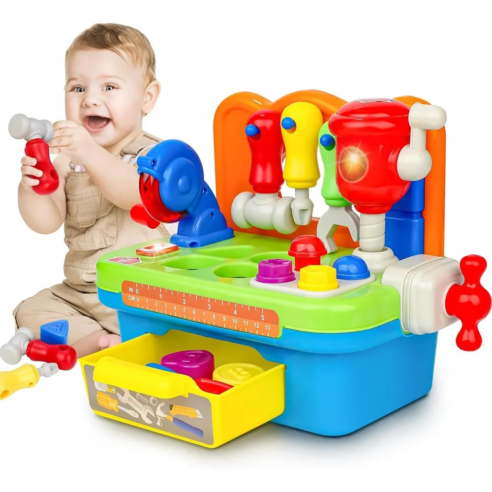 Kids pretend play workshop construction workbench toy shape sorter mini tool kit baby tool bench play set with sounds and lights