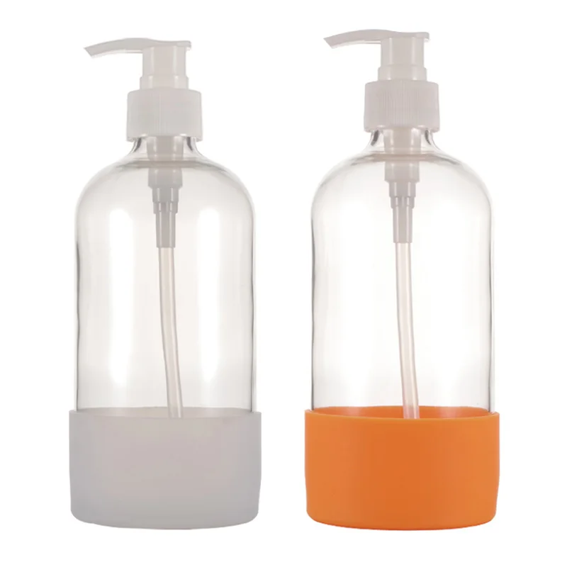  16OZ 500ML янтарный прозрачный для выдачи стеклянных насос бутылка жидкости электронных сигарет красочные силиконовый рукав