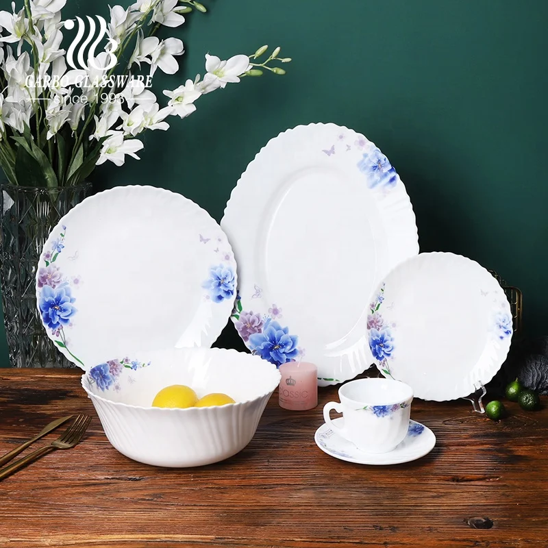 Elegant tableware pure white vivid custom flower printing 36pcs square opal glass dinner set tableware dinning plate bowl set