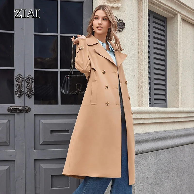 Spring Waterproof Khaki Trench Coat  For Ladies Long Trench Coat Women