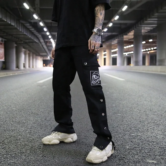 OEM vintage side button loose straight embroidery cargo pants couple hiphop casual trousers stretch waist side pocket work wear