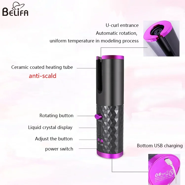 Hair curling iron with 6 temperature portable ceramic usb rechargeable wireless cordless auto automatic rotating hair curler