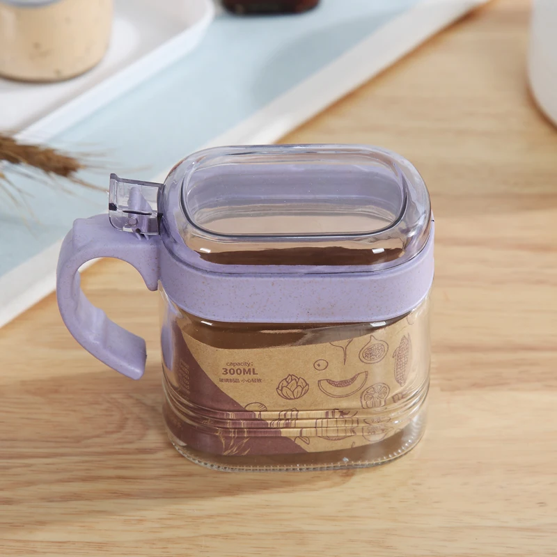 Factory Kitchen 300ml Rectangular Wheat Fiber Salt Pepper Storage Container Seasoning Box Cruet Glass Condiment Jar With Spoon