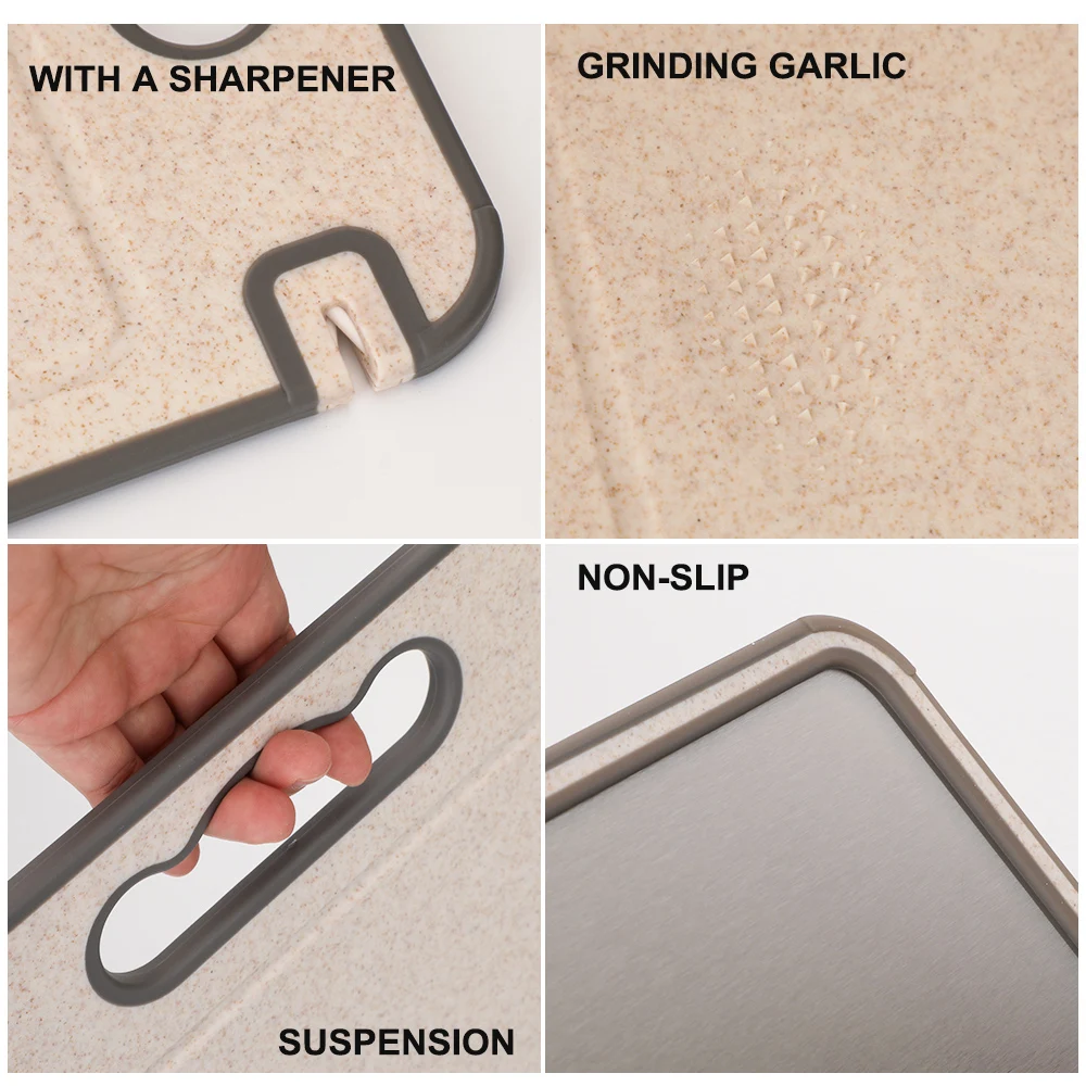 Double-Sided Cutting Board 304 Stainless Steel and Wheat Straw Plastic Chopping Board for Meat and Vegetables Non-Slip edge