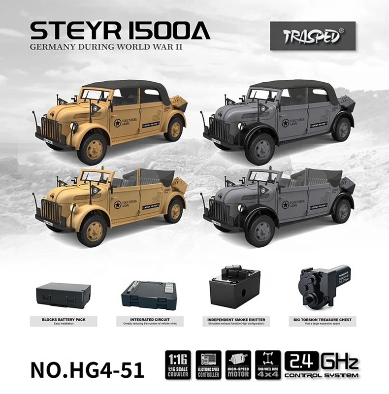 KW HG HG4-51 TRASPED STEYR Command Vehicle RC Car 1/18 Scale 4WD Off Road Climbing Truck with LED Lights and Simulated Sound