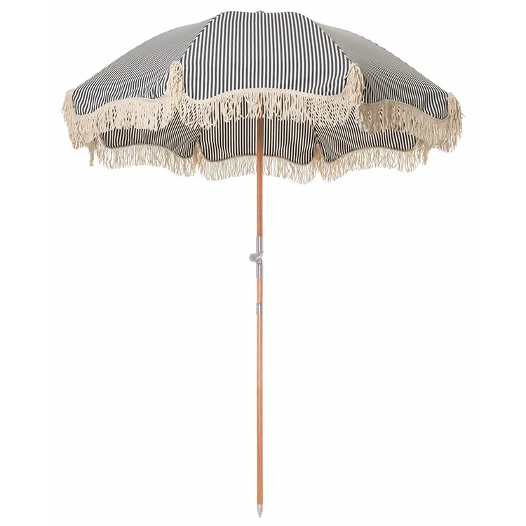 Outdoor Casual Sun Umbrella Tassel Seaside Stripe Vintage Wooden Beach Umbrella