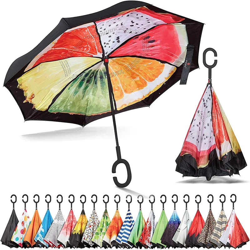Custom Reverse Umbrella With Logo Double Layer Luxury Umbrella Men Straight Plastic Handle For The Rain