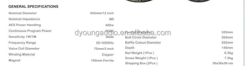 12 inch 190 mm magnet 75 mm coil mid bass DJ sound speaker woofer LF12G301