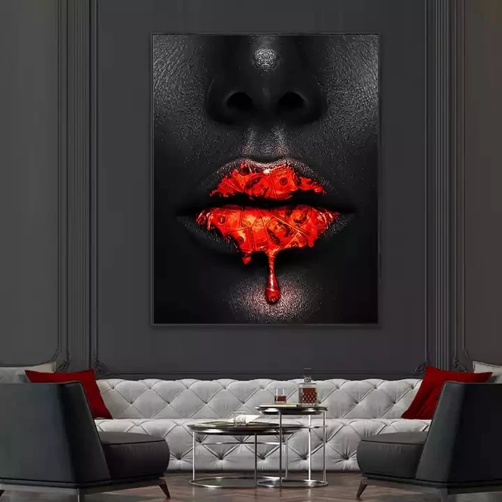 Creative Red Lips Dollar Drip Canvas Painting Art Black African Woman Lip Canvas Wall Painting
