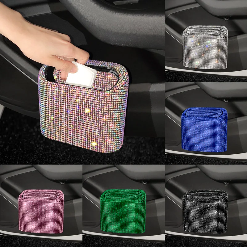Luxury Fashion car interior storage bag car trash can advanced color diamond press type small car organizer trash box