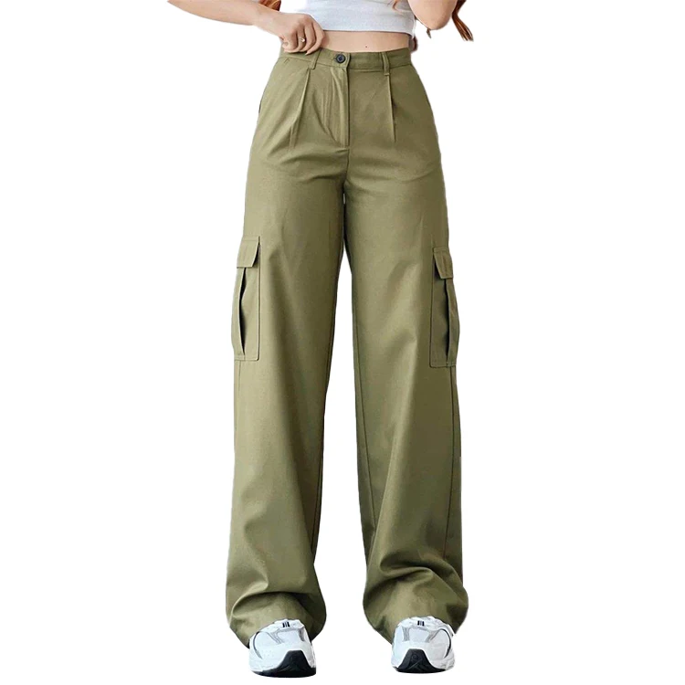Custom OEM Manufacturer Vintage Pockets High Waist Streetwear baggy Casual ladies Long parachute Cargo Pant for women Trousers