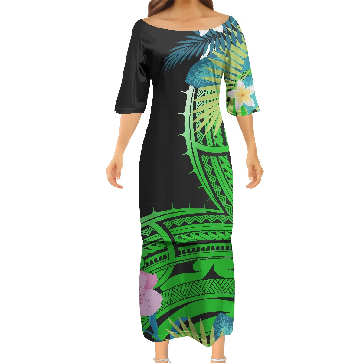Summer Custom Maxi Casual Dresses Polynesian Tattoo Ladies Dress Big Round Neck Puletasi Half Sleeve Top and Skirt Set Female