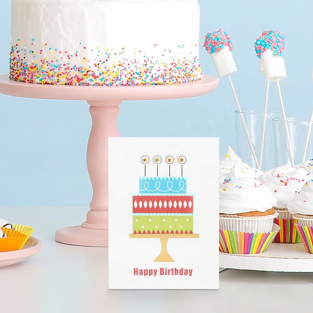 
Best Seller Luxury Gold and Holographic Foil Cake Happy Birthday Greeting Cards with Glitter 