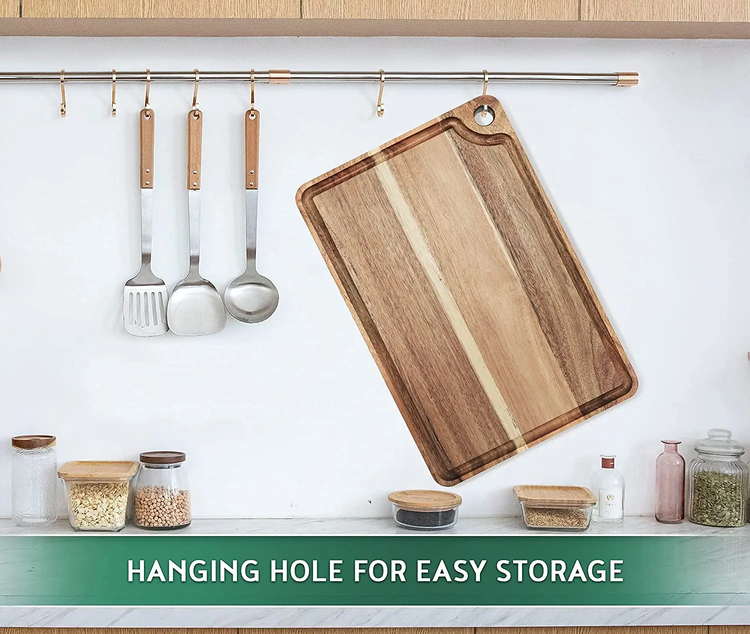 Wood Cutting Board for Kitchen with Juice Groove Handle Non-slip Mats Hanging Hole for Meat Vegetables Cheese Chopping Board