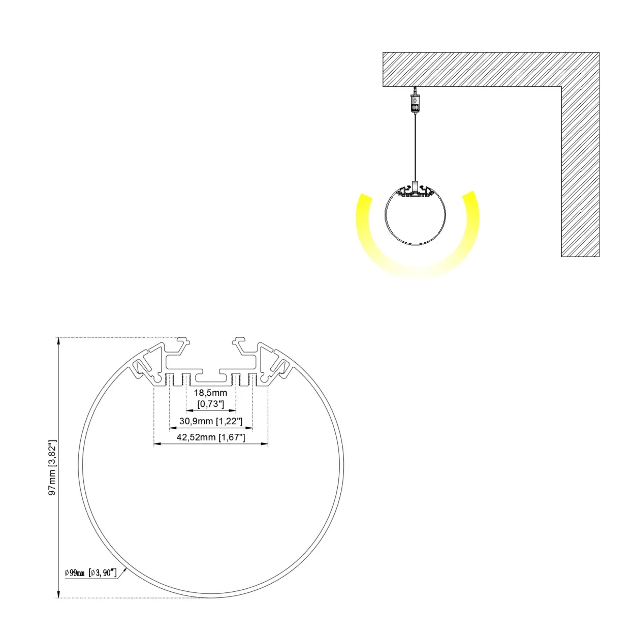 100mm Diameter suspended round shape LED aluminum profile for led lighting