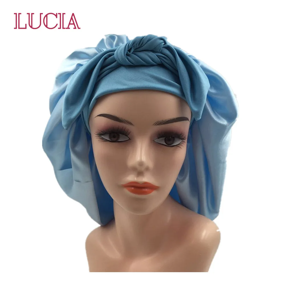 Long Tube Night Hat Three-piece Wide Rubber Band Satin Headgear Home Hair Care Long Tail Hat Cross-border