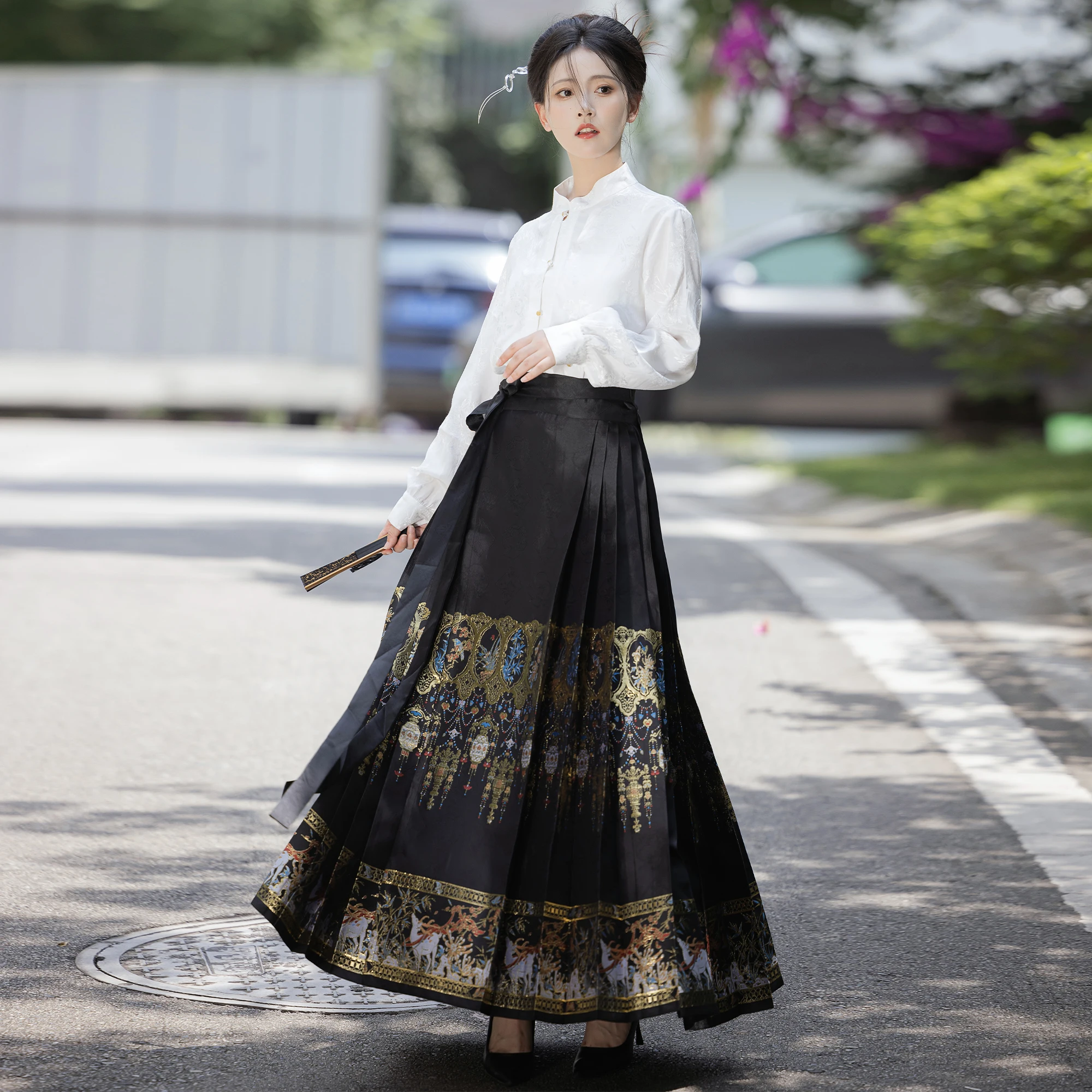New Chinese Style Retro Horse-Face Skirt Women Chinese Traditional Vintage Hanfu Pleats Skirt