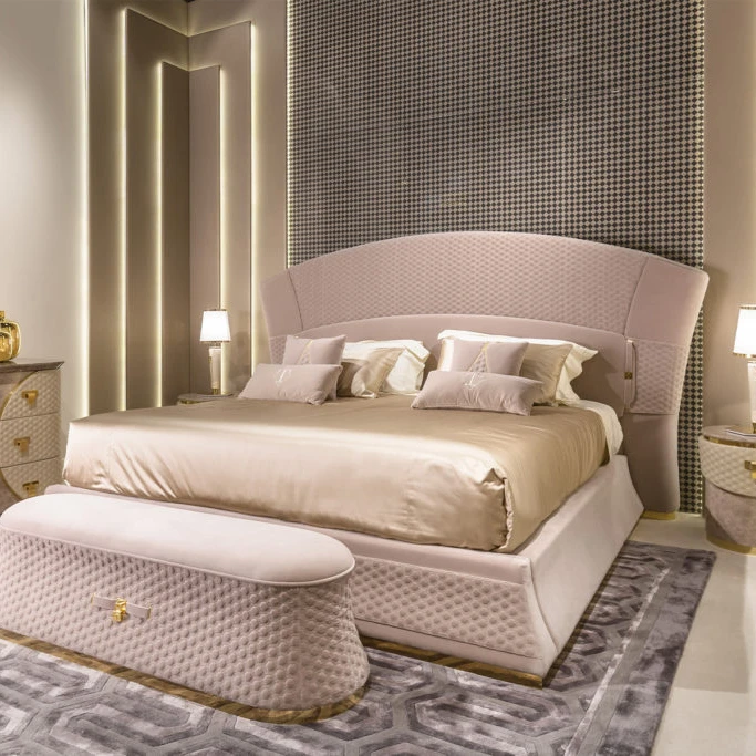 Customized Wooden Fabric Bed Set Luxury Bedroom  Furniture King Size Bed