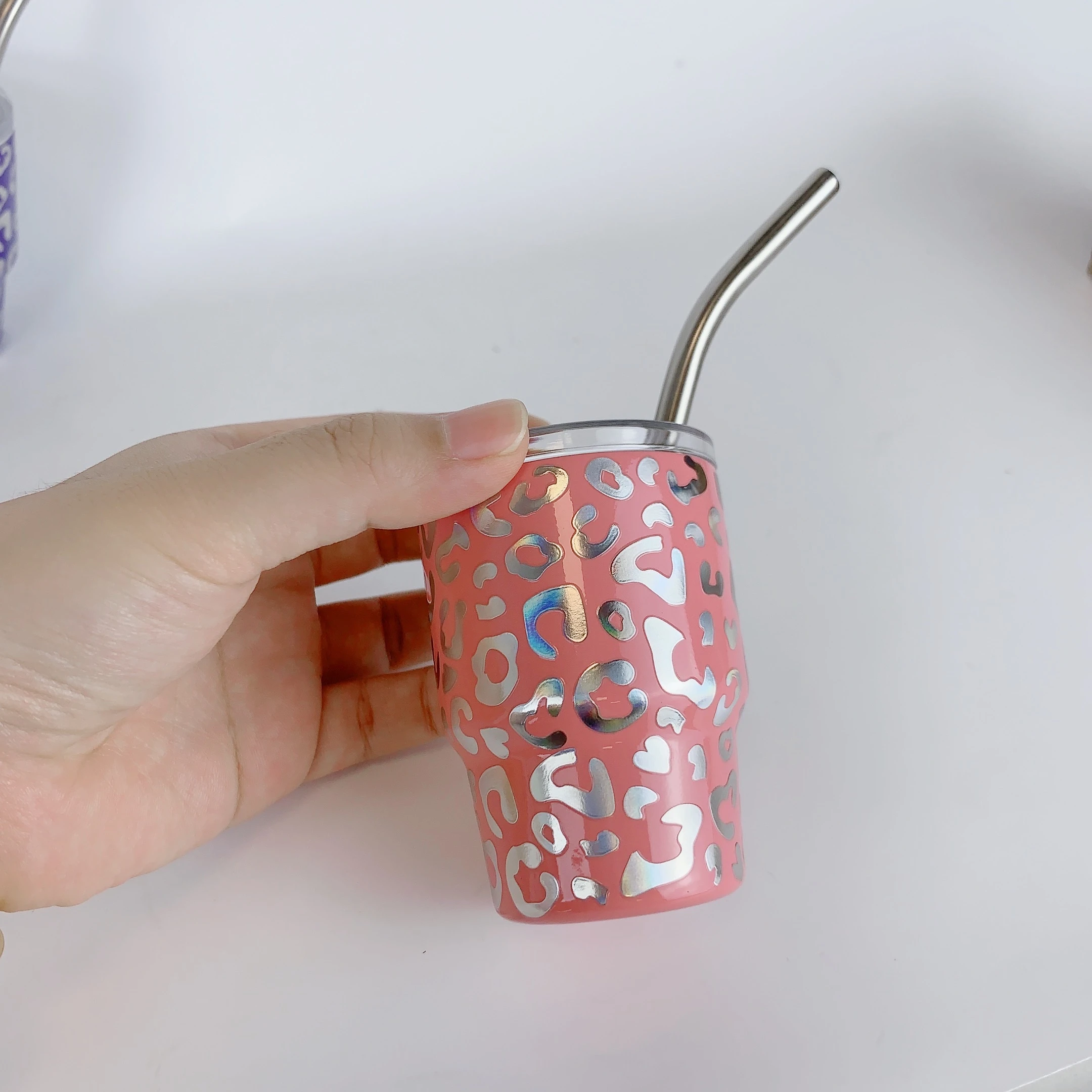 2oz Mini Cheetah Tumbler Shot Glass Insulated Stainless Steel Wine Tumbler Shot Glass Kids Cup with Lid and Straw