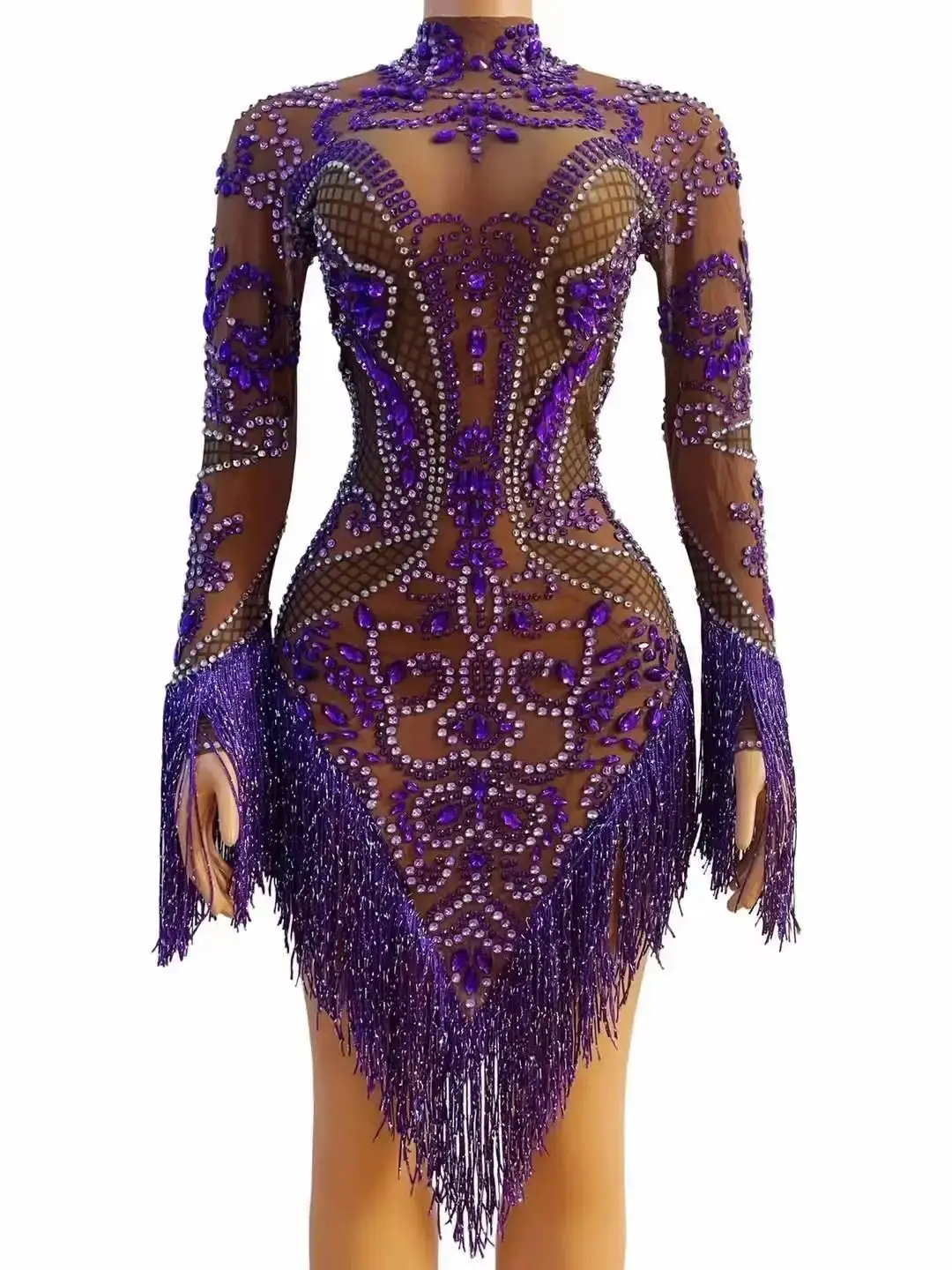 Purple Tassel Dress For Women Rhinestone Long Sleeve Fringe Drag Queen Outfit DJ DS GoGo Stage Wear Singer Dancer Latin Costume